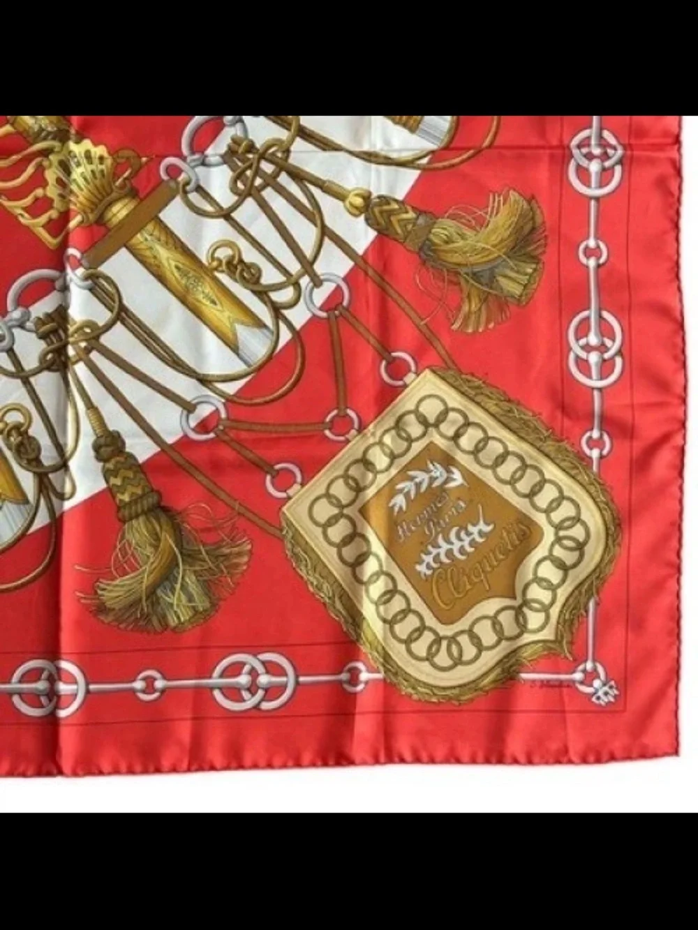 Hermes Red White and Gold Equestrian Print Silk Scarf